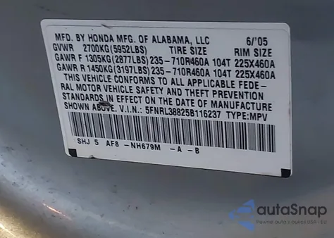 2005 Honda Odyssey Touring z USA, uszkodzony, nr VIN 5FNRL38825B116237